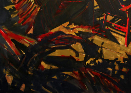 Oil painting Heat Ed Potapenkov with bold red black textured strokes and gold accents