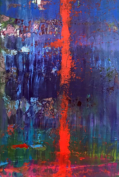 My red line abstract painting with bold red streaks on blue purple green textured background
