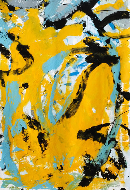 Vibrant oil painting Blue Rose by Natalia Korf-Ivaniuk with yellow, black, teal strokes