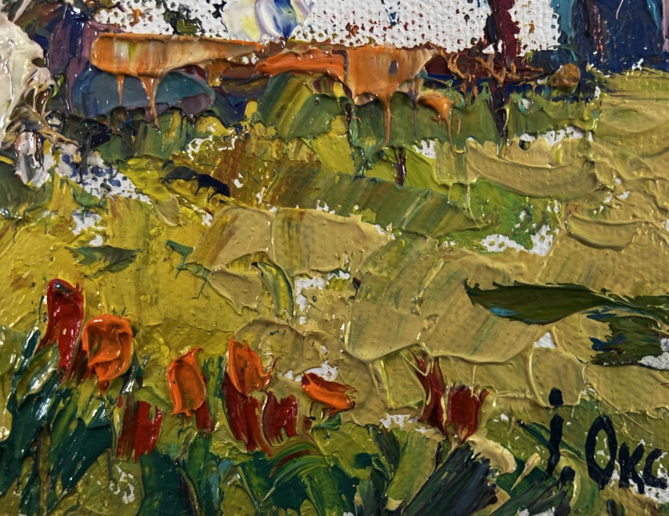 Vibrant orange red tulips in thick textured oil painting by Oksana Ivanyuk on lush green field