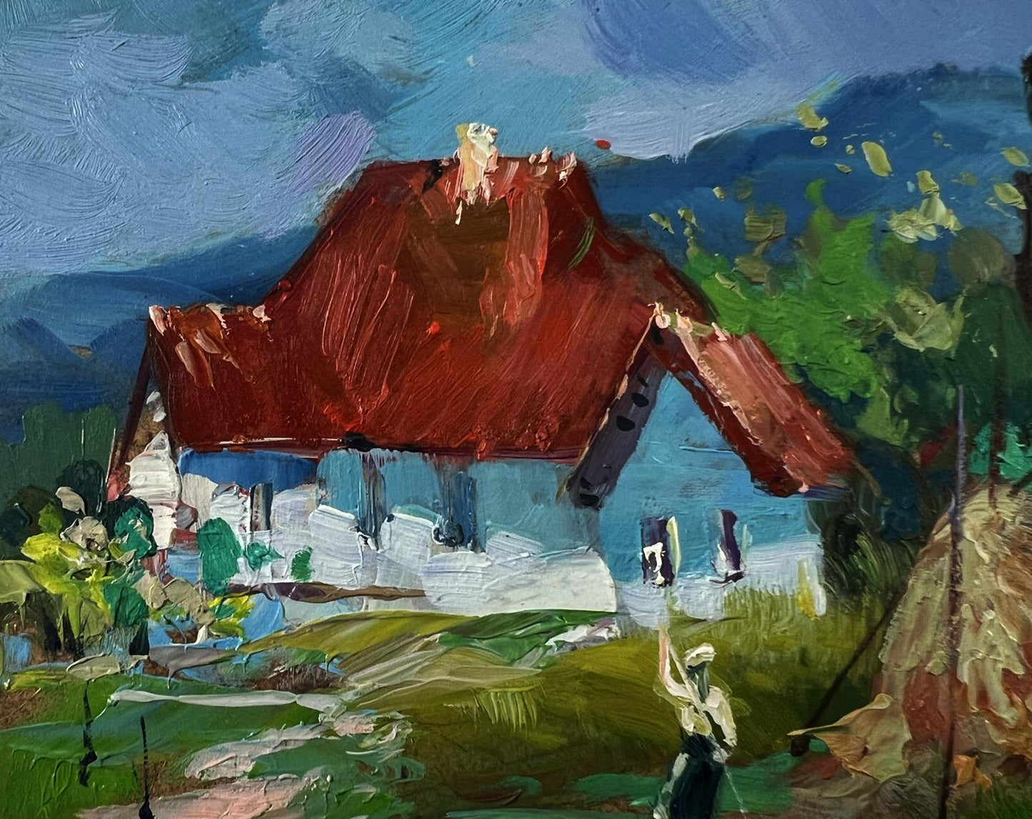 Oil painting of rustic blue house with red roof by Yuriy Suprunchuk