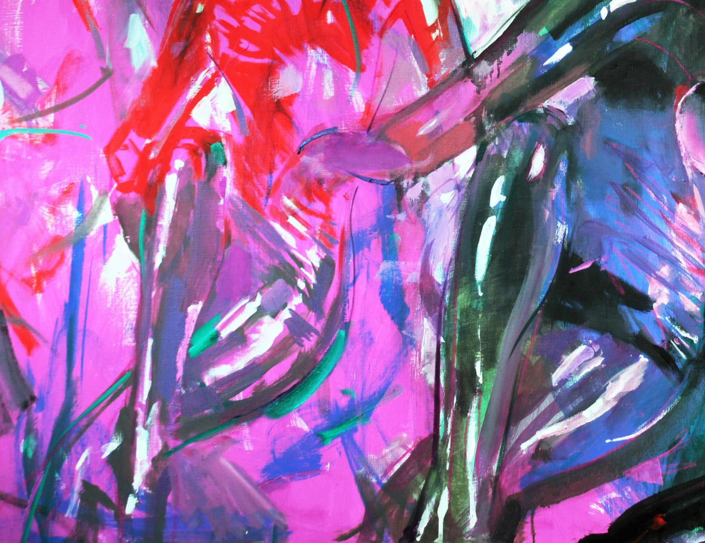 Vibrant Oil painting Asana Ed Potapenkov with bold pink red blue green strokes
