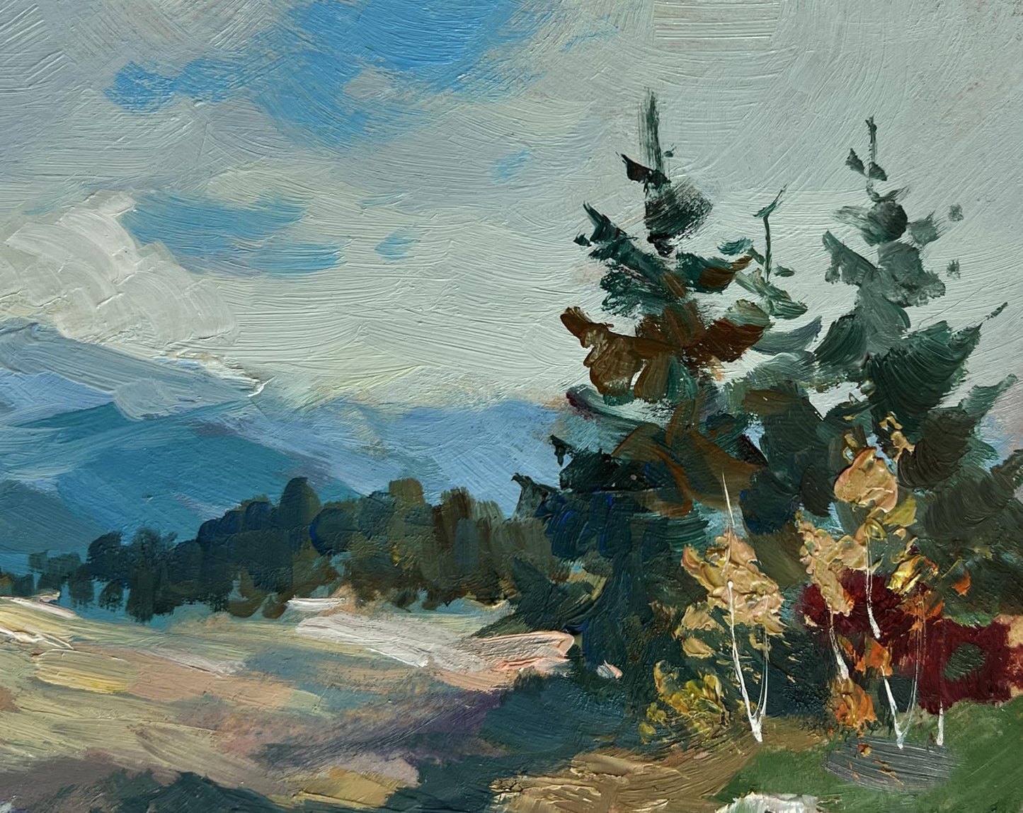Textured impressionist oil painting by Yuriy Suprunchuk: mountain waterfall landscape