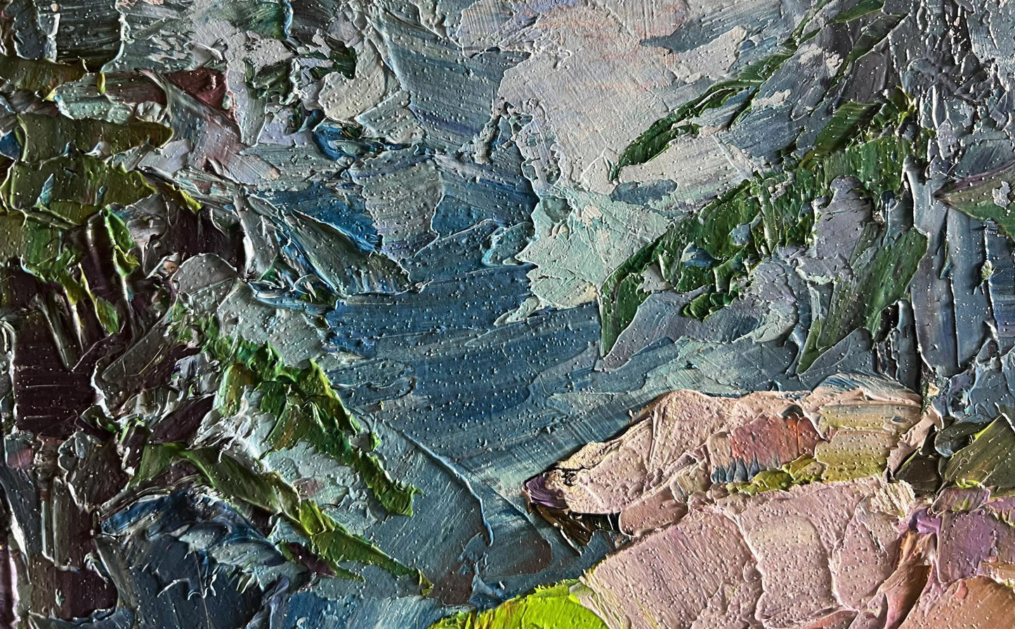 Oil painting Path in the forest by Boris Serdyuk with impasto green, blue, pink strokes