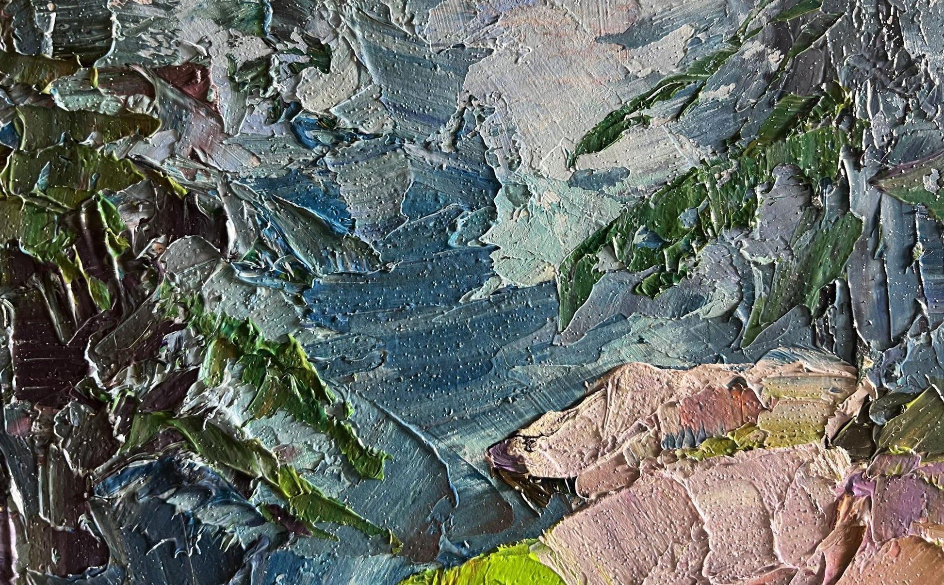 Oil painting Path in the forest by Boris Serdyuk with impasto green, blue, pink strokes