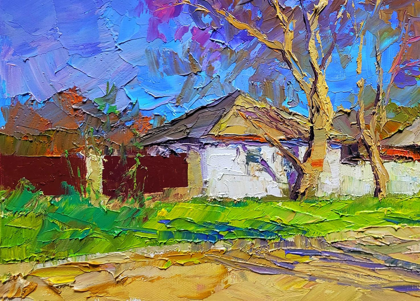 Oil painting Early spring by Boris Serdyuk: white house under vibrant trees, bold sky
