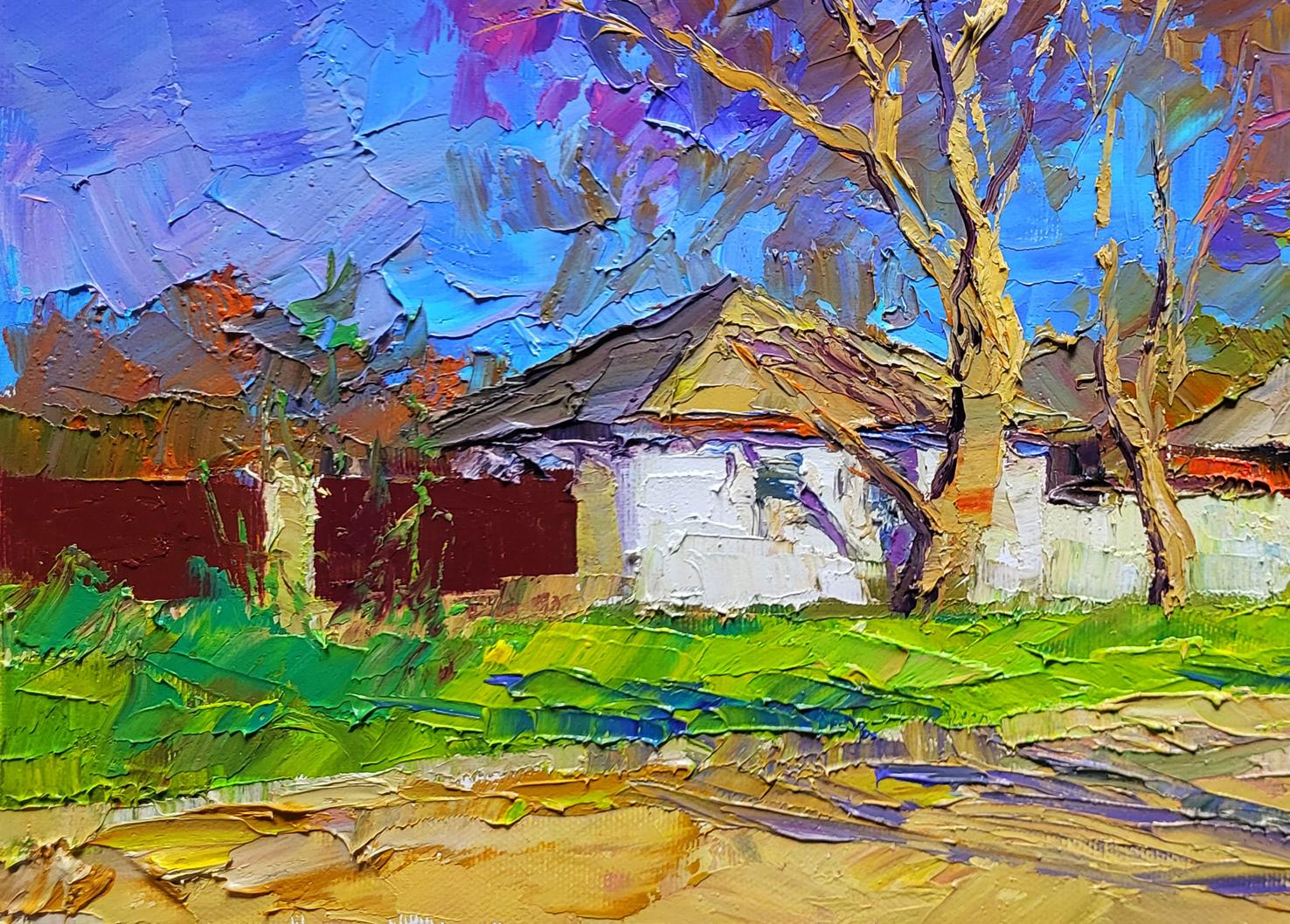 Oil painting Early spring by Boris Serdyuk: white house under vibrant trees, bold sky