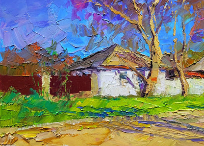 Oil painting Early spring by Boris Serdyuk: white house under vibrant trees, bold sky