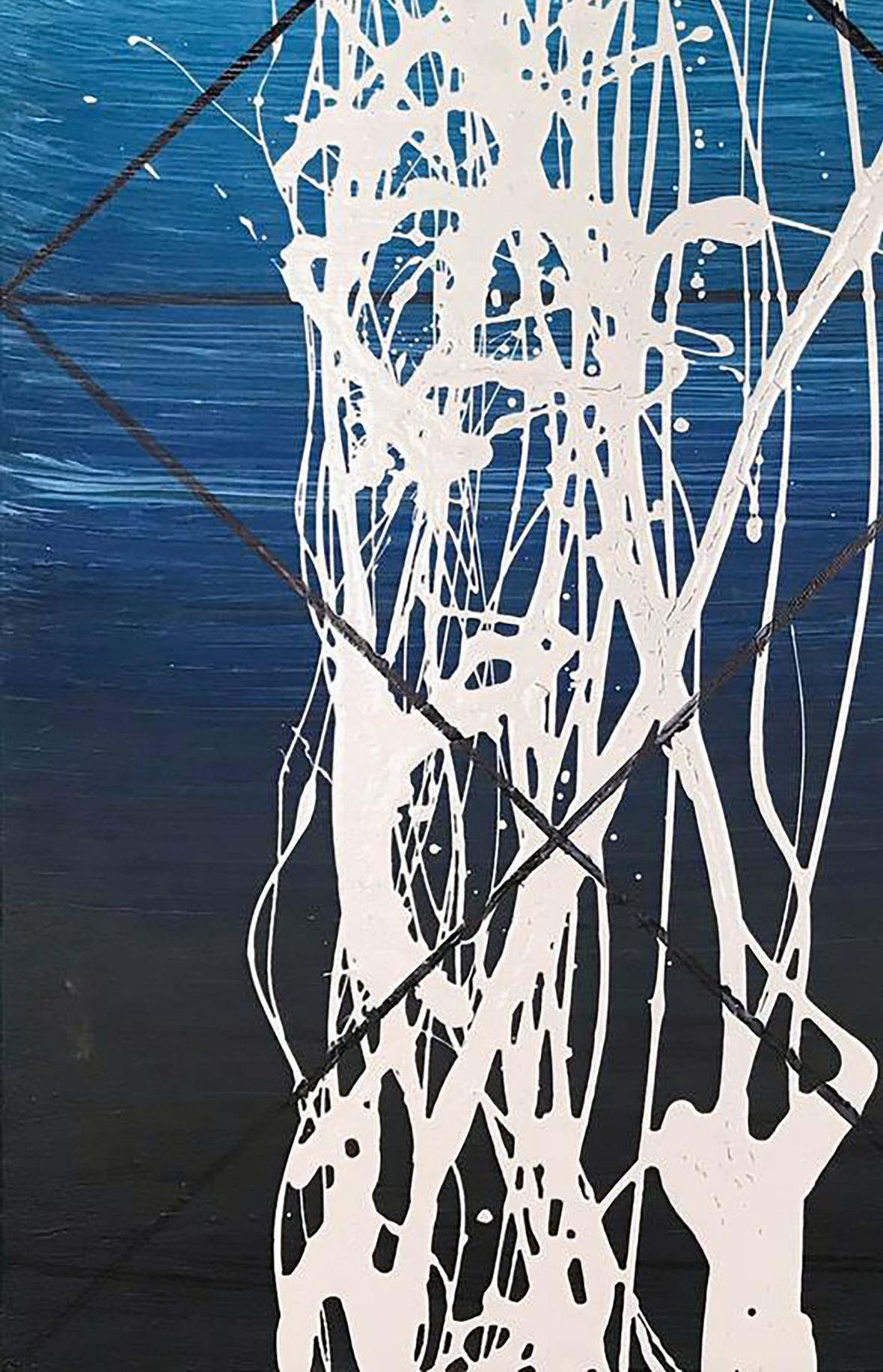 Energy Olga Melezhik acrylic painting: white splatters on blue with black lines
