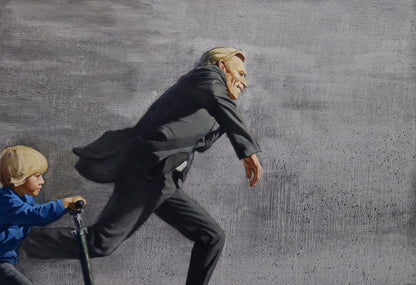 Oil painting Chasing the Rain by Oleg Kateryniuk: man in suit running