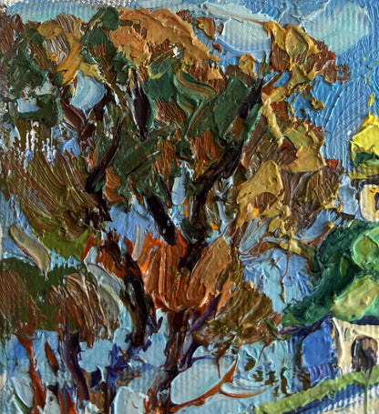 Textured impasto oil painting of autumn trees and church bells by Oksana Ivanyuk