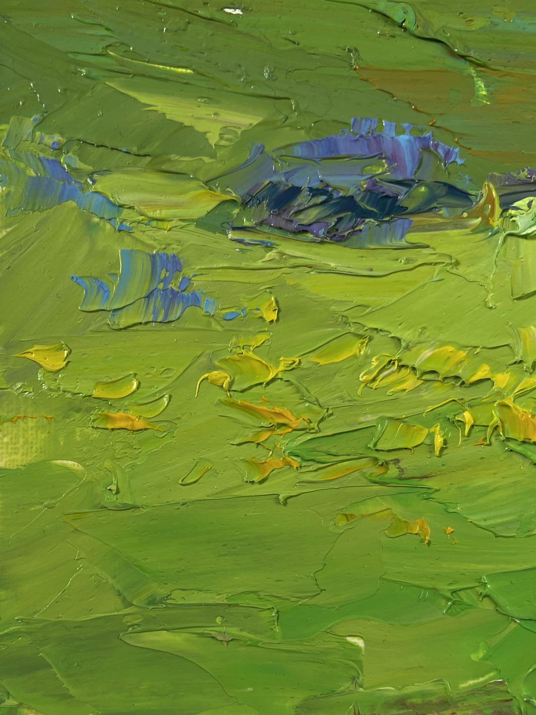 Oil painting of mountain flower fields by Boris Serdyuk, impasto green with yellow and blue