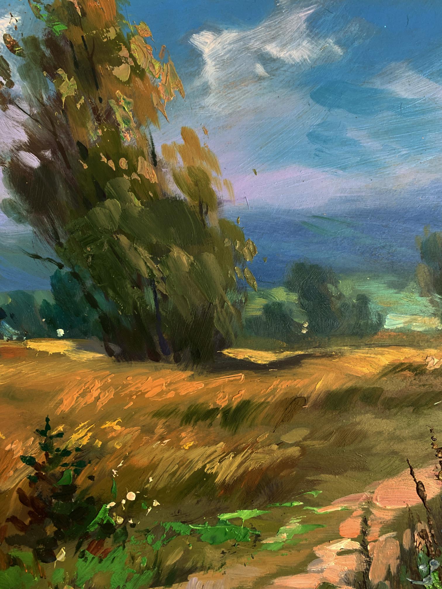 Vibrant impressionist oil painting of sunlit flower field by Yuriy Suprunchuk