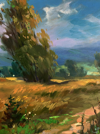 Vibrant impressionist oil painting of sunlit flower field by Yuriy Suprunchuk