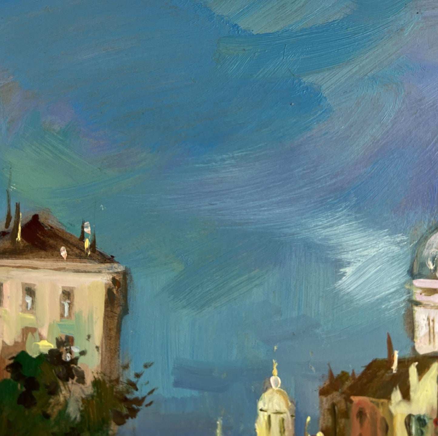 Oil painting Dream of Venice by Yuriy Suprunchuk with blue sky over domes