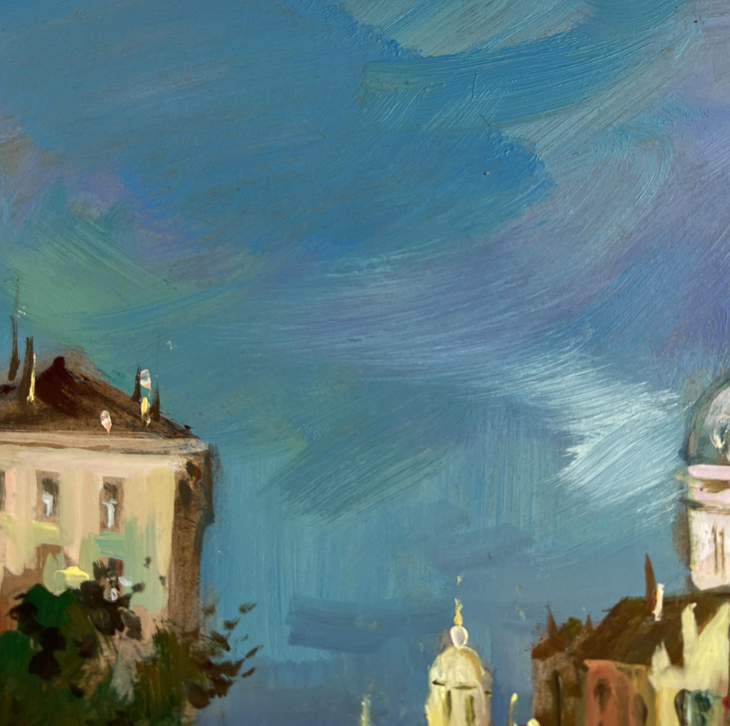 Oil painting Dream of Venice by Yuriy Suprunchuk with blue sky over domes