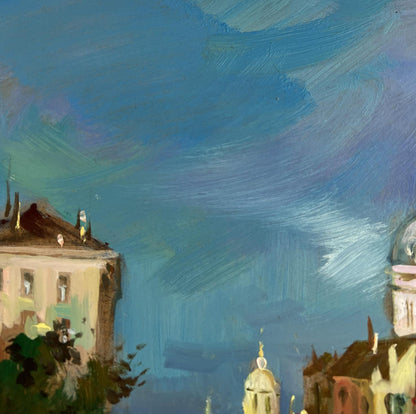 Oil painting Dream of Venice by Yuriy Suprunchuk with blue sky over domes