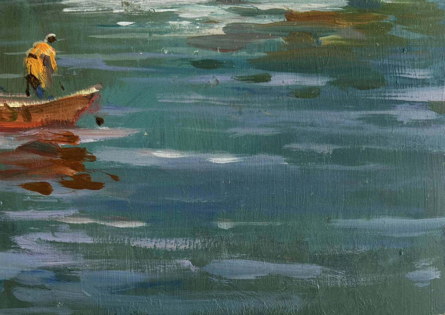 Oil painting At the summer yacht club by Yuriy Suprunchuk: red boat on teal water