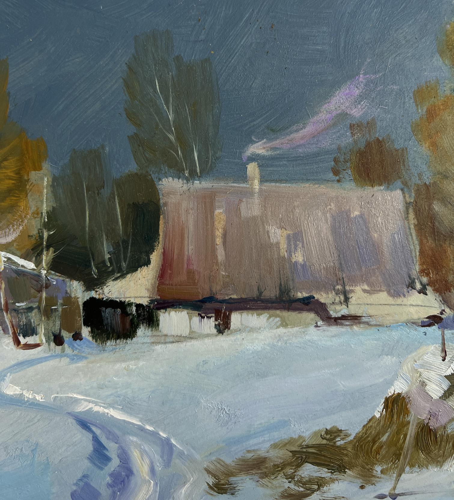 Oil painting of rustic thatched house in snowy woods by Yuriy Suprunchuk