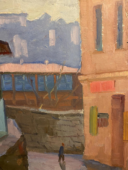 Oil painting Street bustle by Nikolai Hrustalenko: textured narrow European street