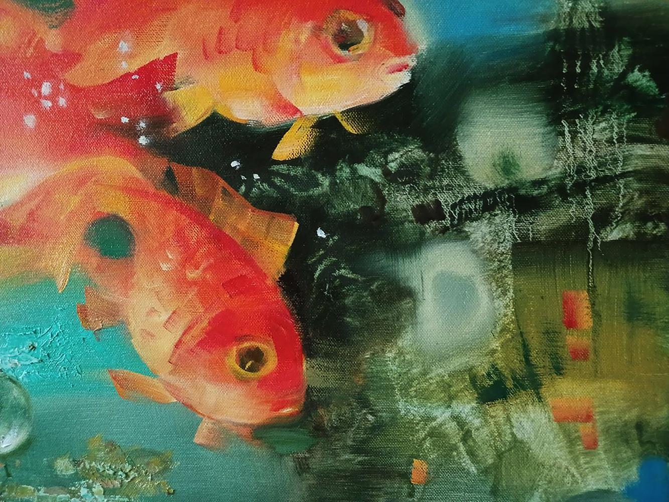 Vibrant orange yellow koi by Anatoly Tarabanov in teal abstract oil painting