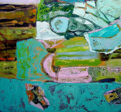 Oil painting Green Memory by Tatyana Shulyak in teal, green, pink tones