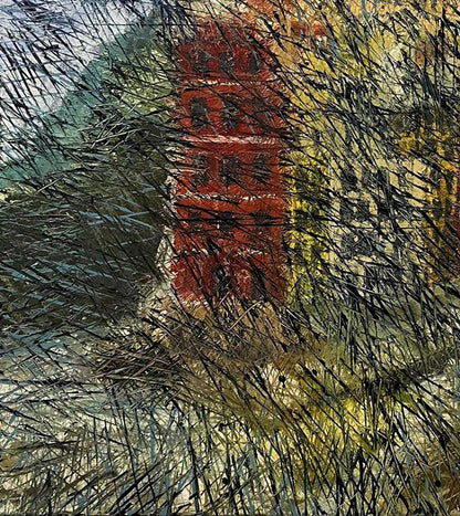 Vibrant red multi-tiered pagoda in foggy city oil painting by Serhiy Kovalev