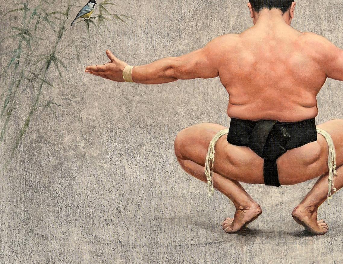 Rear view of sumo wrestler crouching in black mawashi, Oleg Kateryniuk oil painting