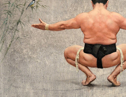 Rear view of sumo wrestler crouching in black mawashi, Oleg Kateryniuk oil painting