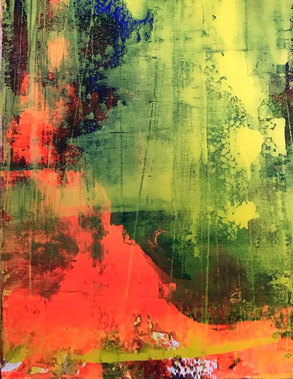 Sunny Day acrylic painting by Olga Melezhik with bold green, yellow, red, blue strokes