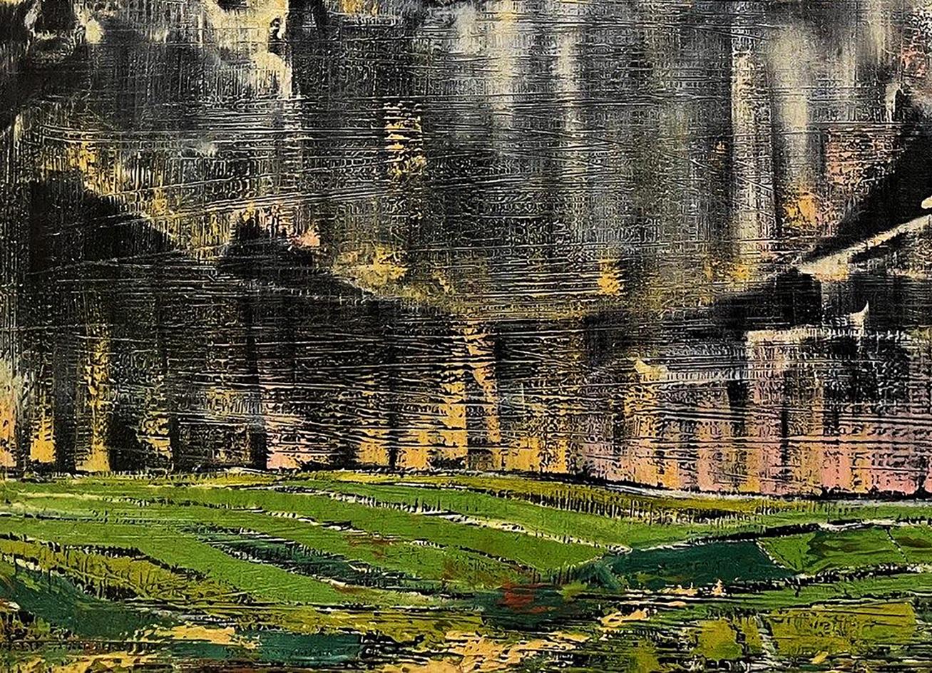 Oil painting Man Made Nature by Serhiy Kovalev, abstract greens and ochre sky