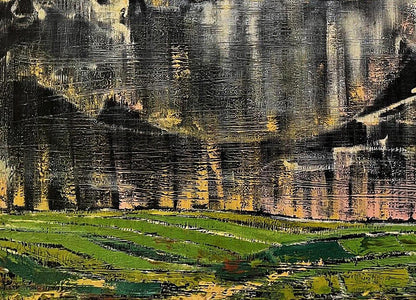 Oil painting Man Made Nature by Serhiy Kovalev, abstract greens and ochre sky