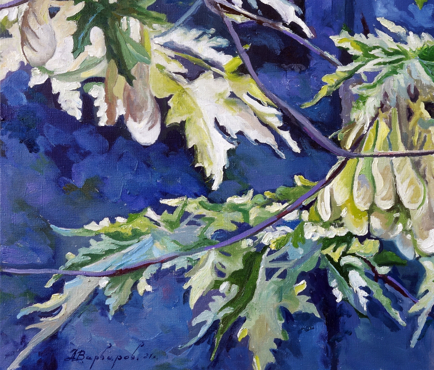 Oil painting of vibrant green maple leaves by Varvarov Anatoly Viktorovich