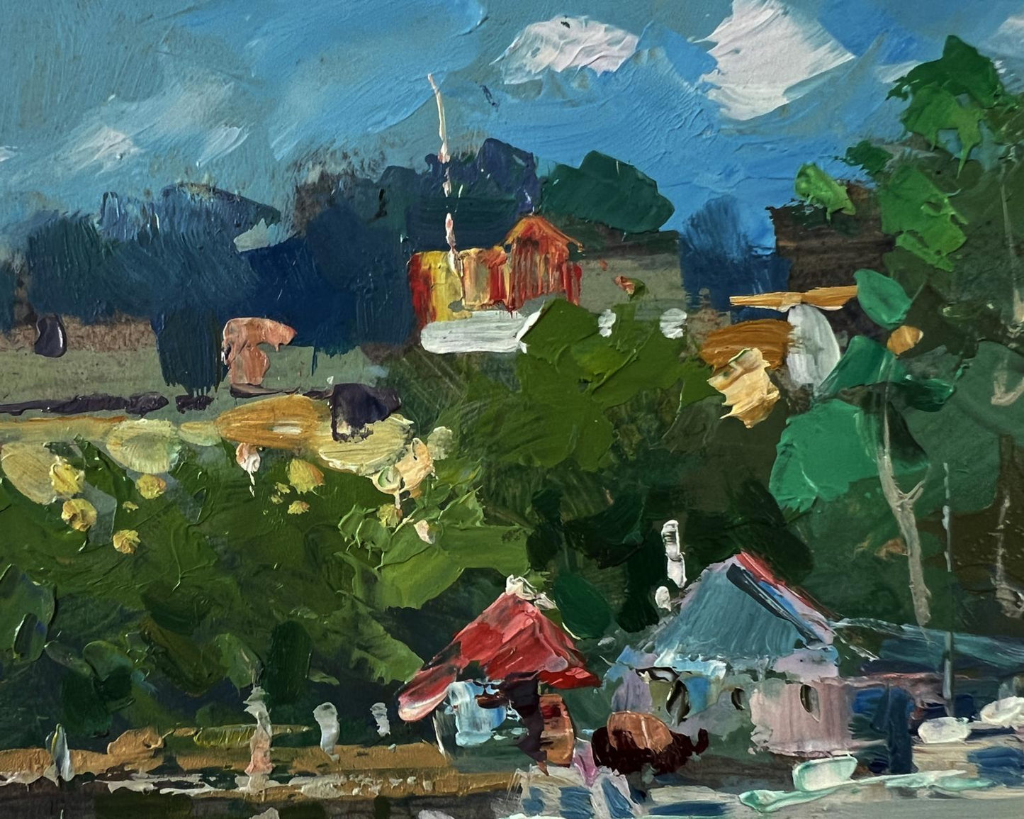 Vibrant impressionist oil painting of village boats on ferry by Yuriy Suprunchuk