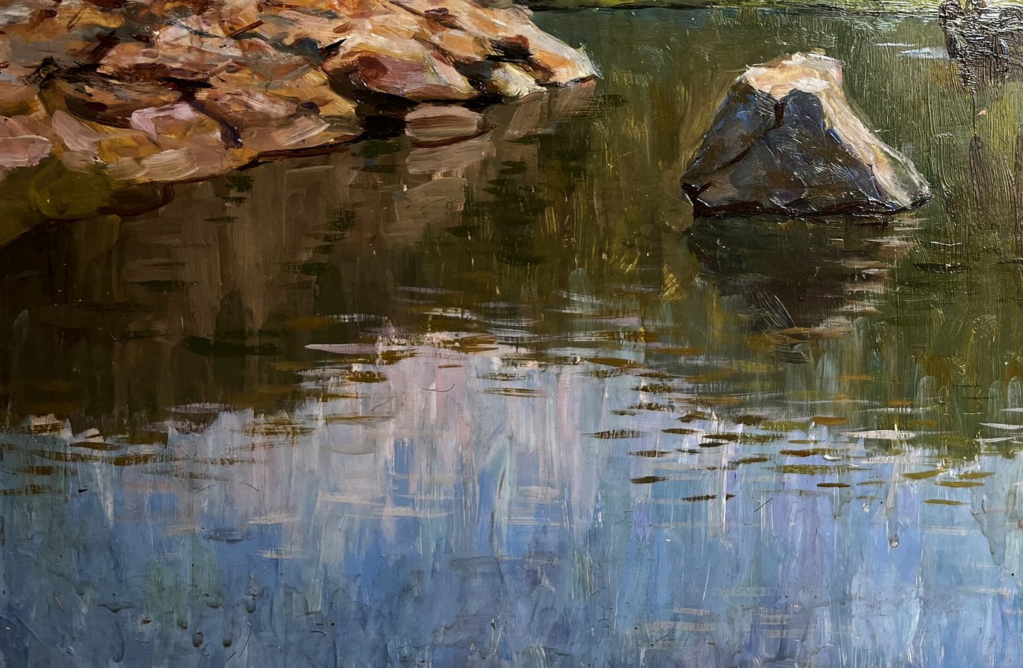 Oil painting Still water by Boris TAlko: textured rock in reflecting calm water
