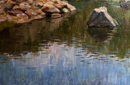 Oil painting Still water by Boris TAlko: textured rock in reflecting calm water