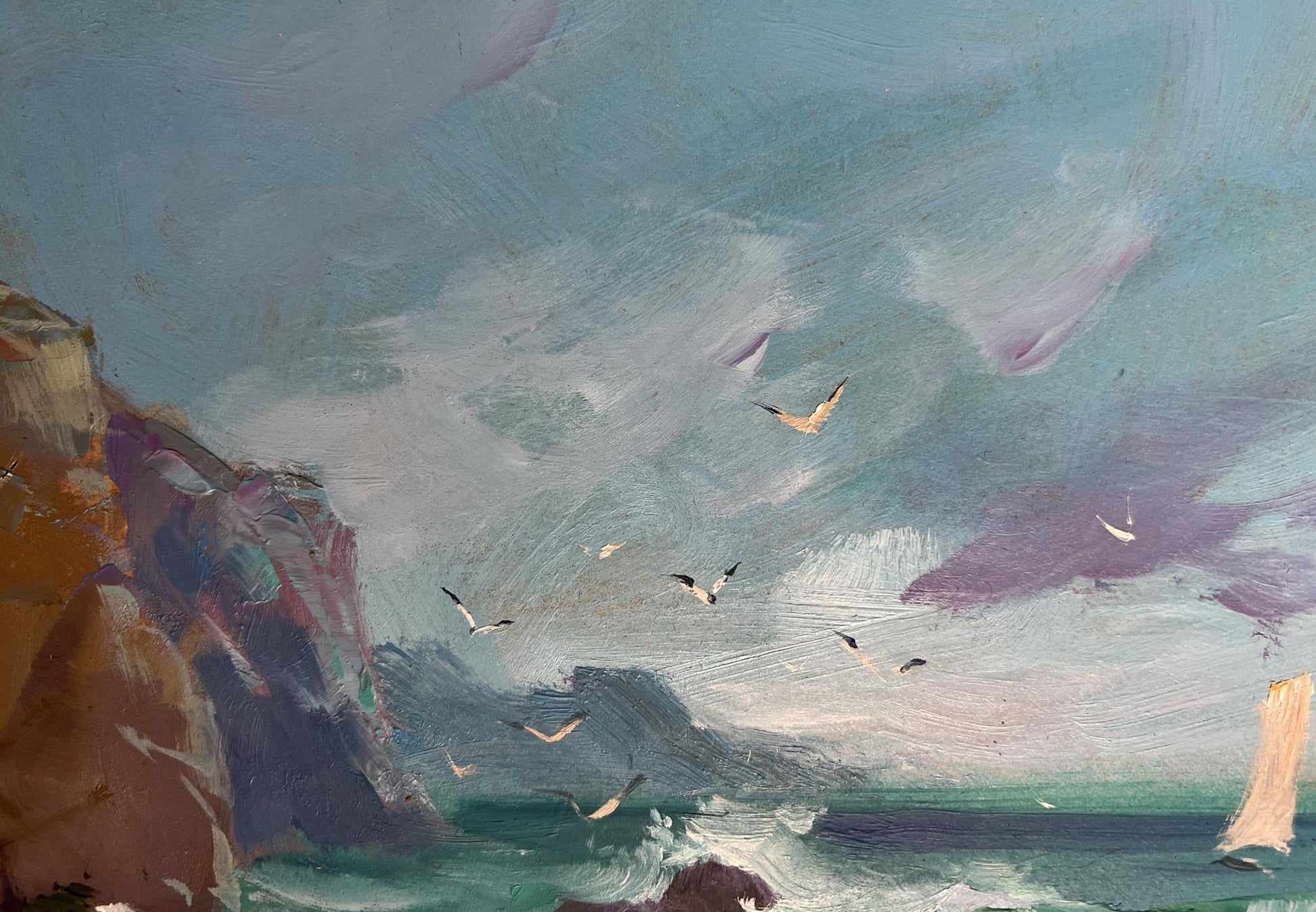 Oil painting of seagulls flying over sea by Yuriy Suprunchuk