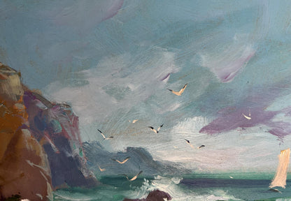 Oil painting of seagulls flying over sea by Yuriy Suprunchuk