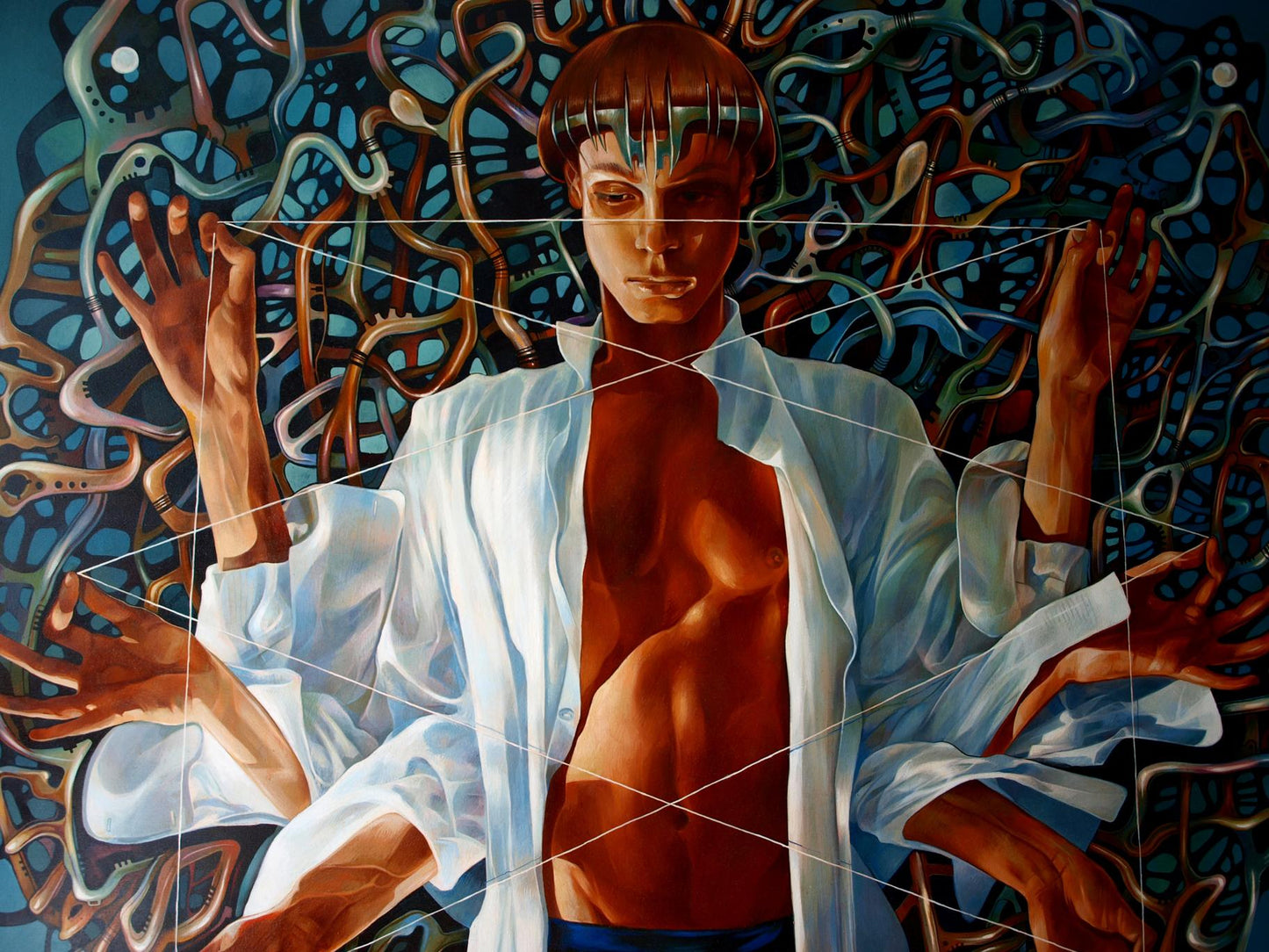 Oil painting Banyan by Konsta G. Amelinn: surreal young man in open shirt amid blue orange patterns