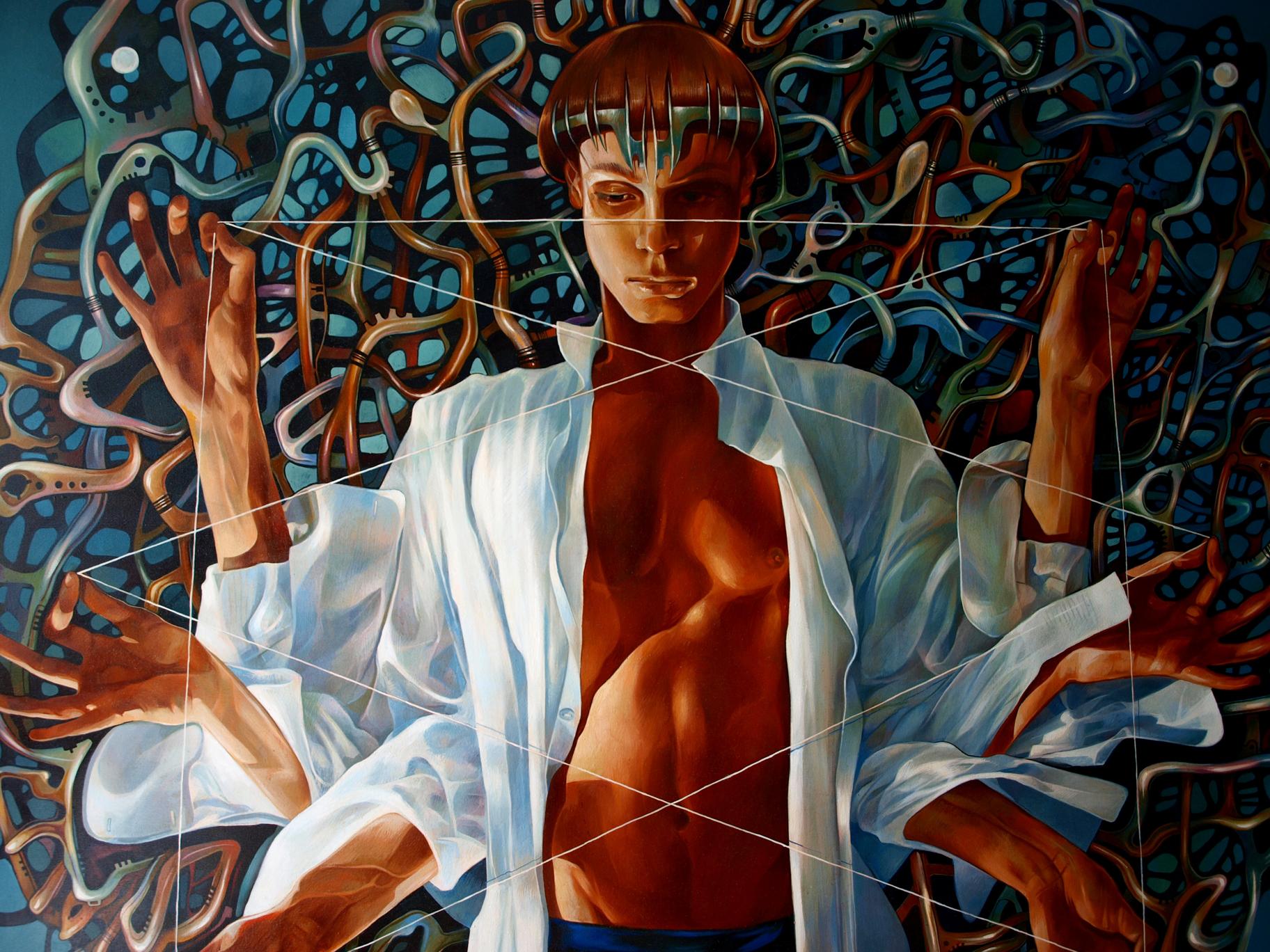 Oil painting Banyan by Konsta G. Amelinn: surreal young man in open shirt amid blue orange patterns