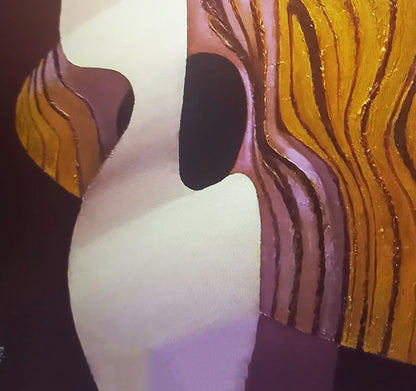 Oil painting Plastic Alexander Strashevich with bold gold, purple, black strokes on white canvas