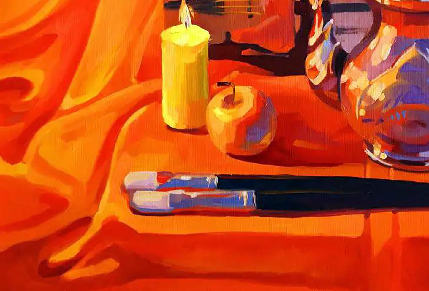 Oil painting Warm Anastasia Yaroshevich with candle, apple, brushes