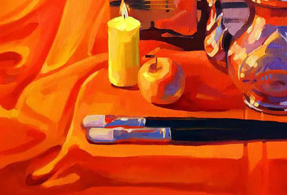 Oil painting Warm Anastasia Yaroshevich with candle, apple, brushes