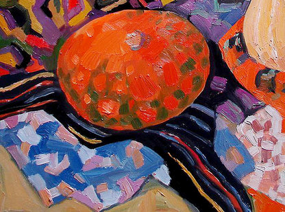 Oil painting of vibrant orange Hokkaido pumpkin by Tatyana Shulyak