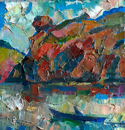 Vibrant impressionist oil painting of rocky river bank by Pavel Dobrev