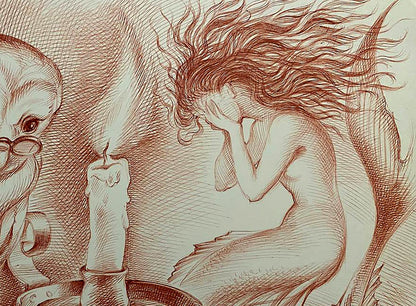 Detailed red ink sketch of mermaid and elderly figure with candle by Natalia Bulat
