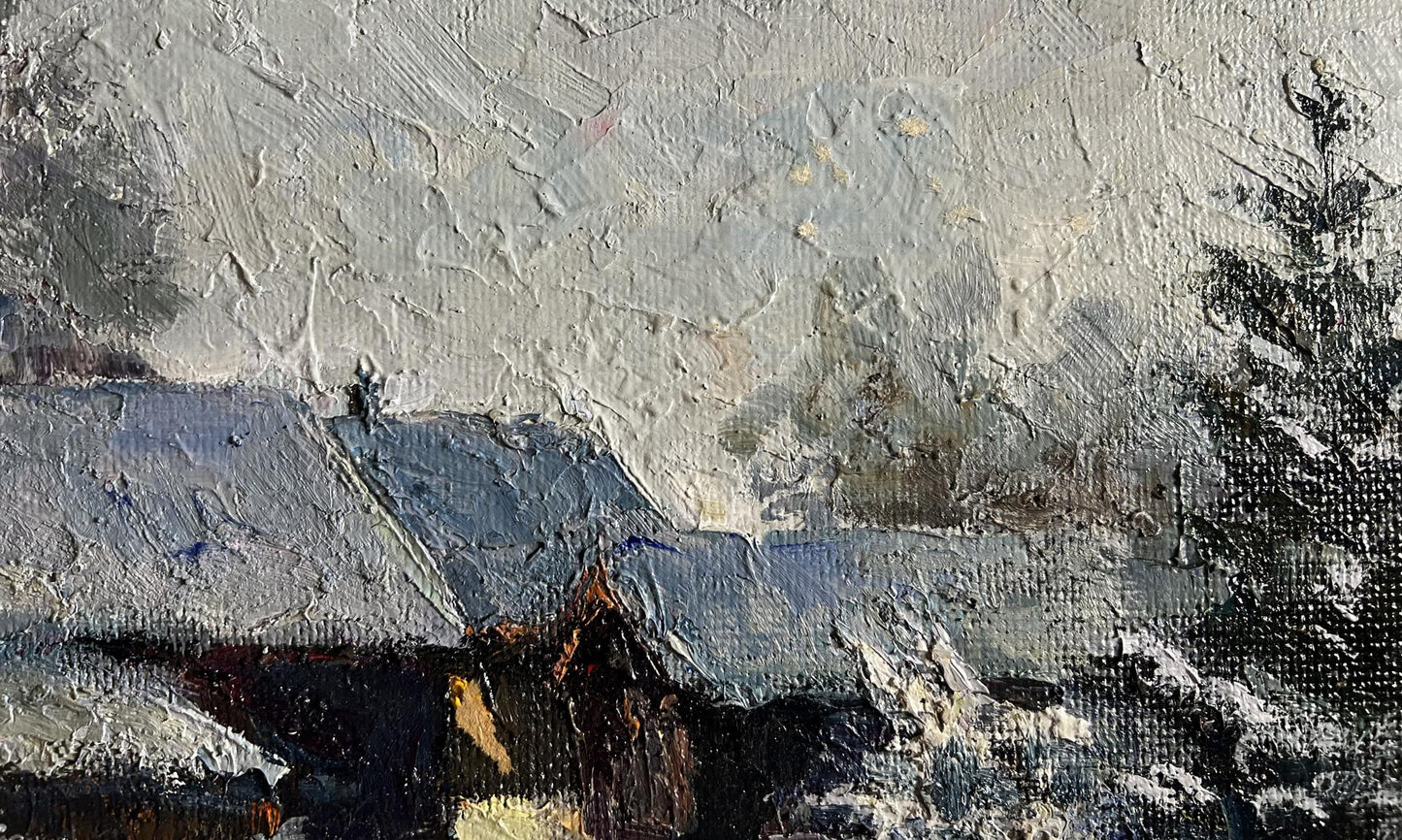Oil painting Winter courtyard by Boris Serdyuk snowy textured landscape