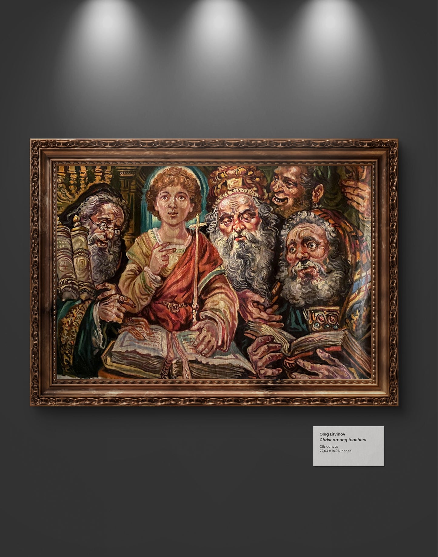 A richly detailed oil painting in an ornate, dark brown wooden frame depicting a central figure surrounded by several bearded men.