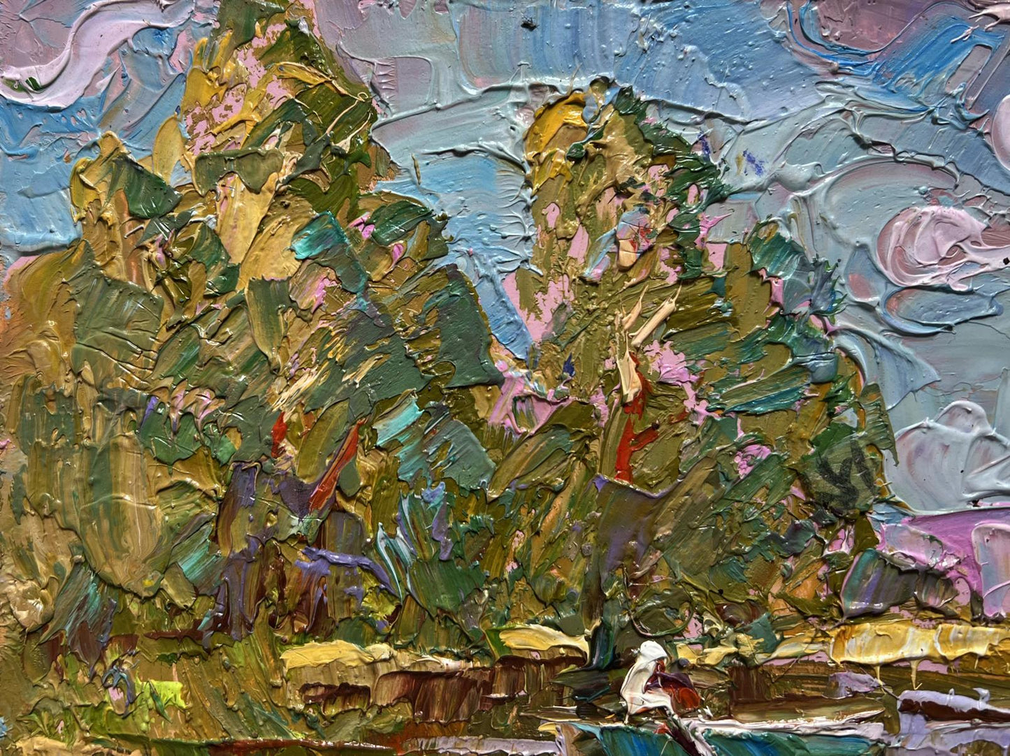 Oil painting Relaxation on a summer river by Oleksiy Ivanyuk with lush green foliage