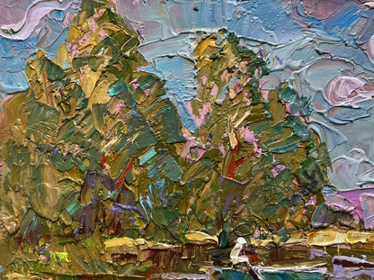 Oil painting Relaxation on a summer river by Oleksiy Ivanyuk with lush green foliage